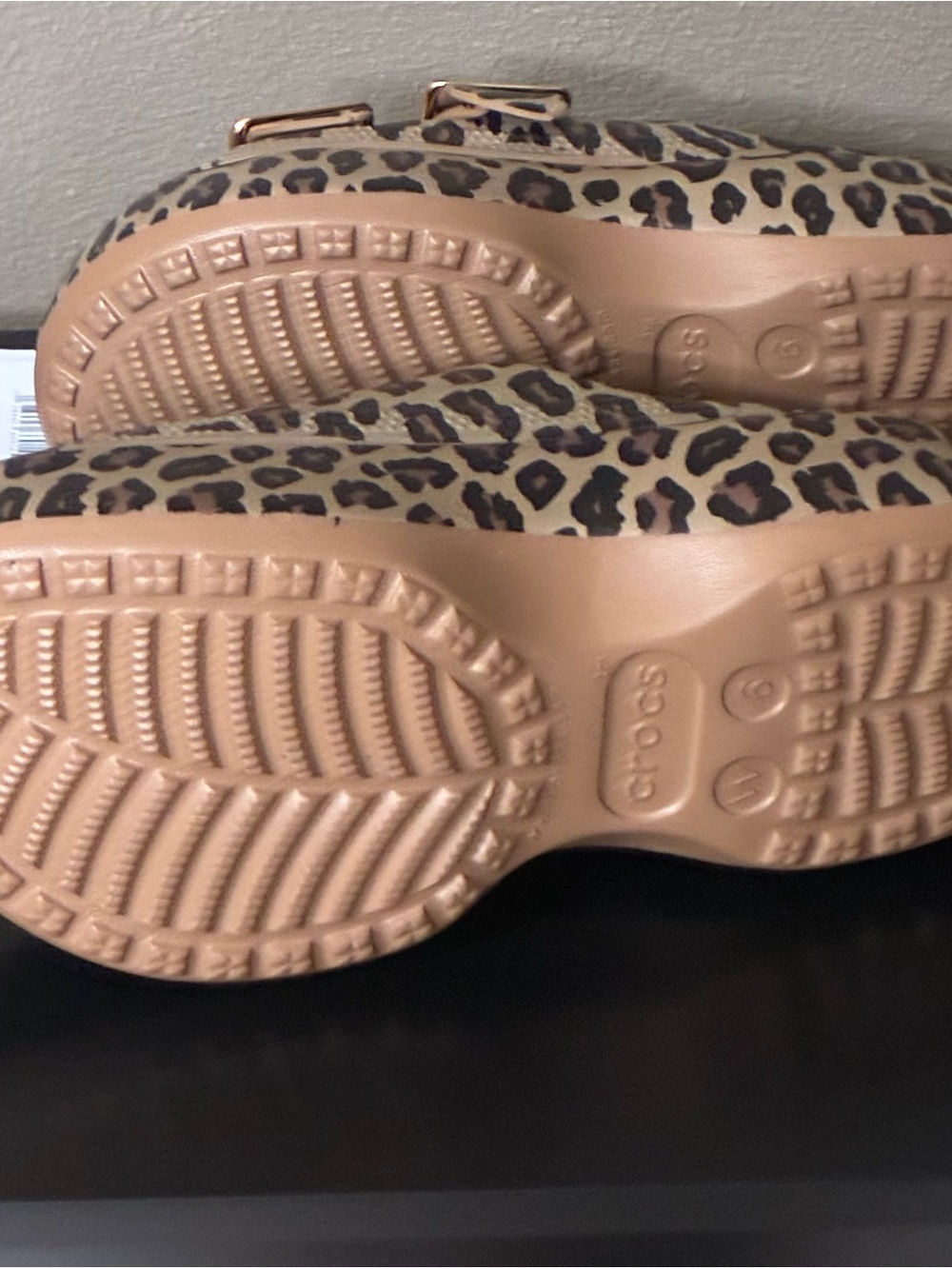 CROCS Leopard Print Double-Buckle platform in Tan and Black with Gold Buckles - Picture 4 of 4